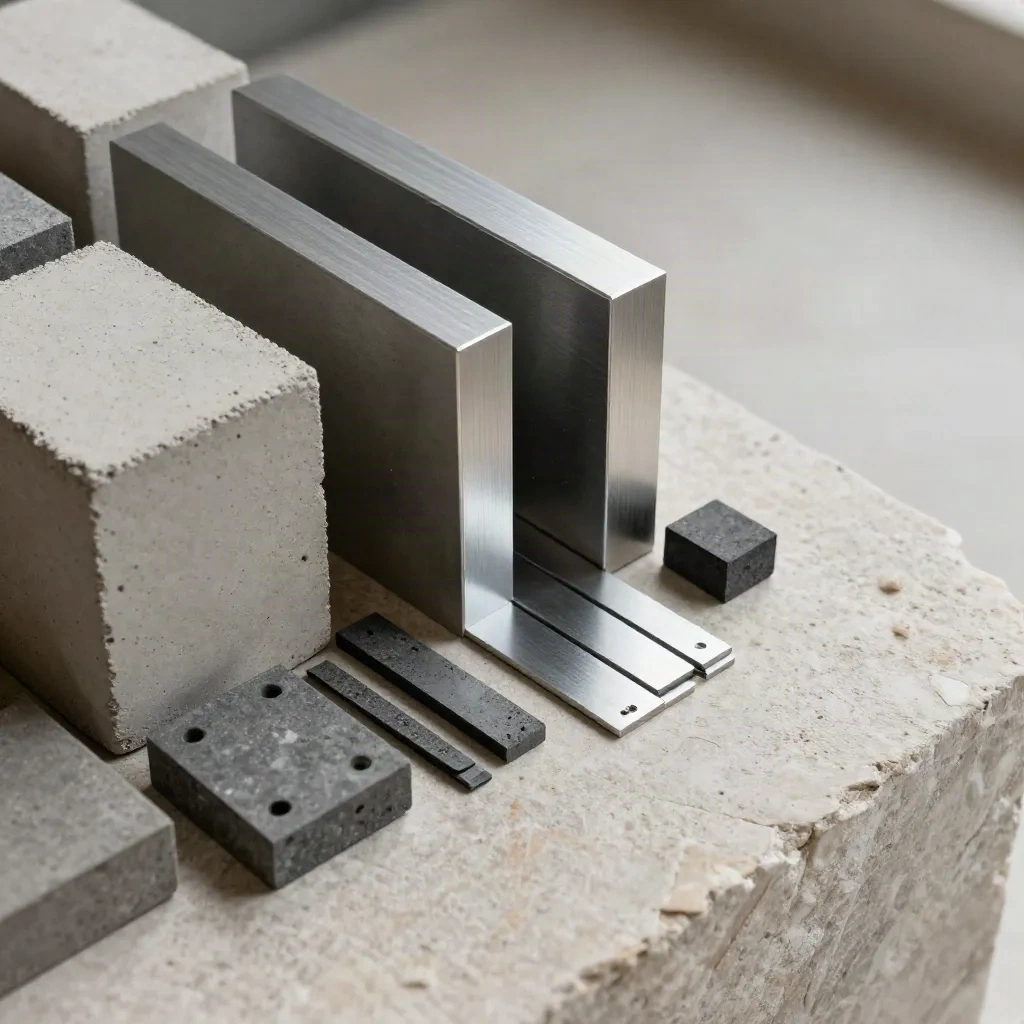 Kit architettonico premium su pietra grezza con campioni di cemento e alluminio spazzolato.