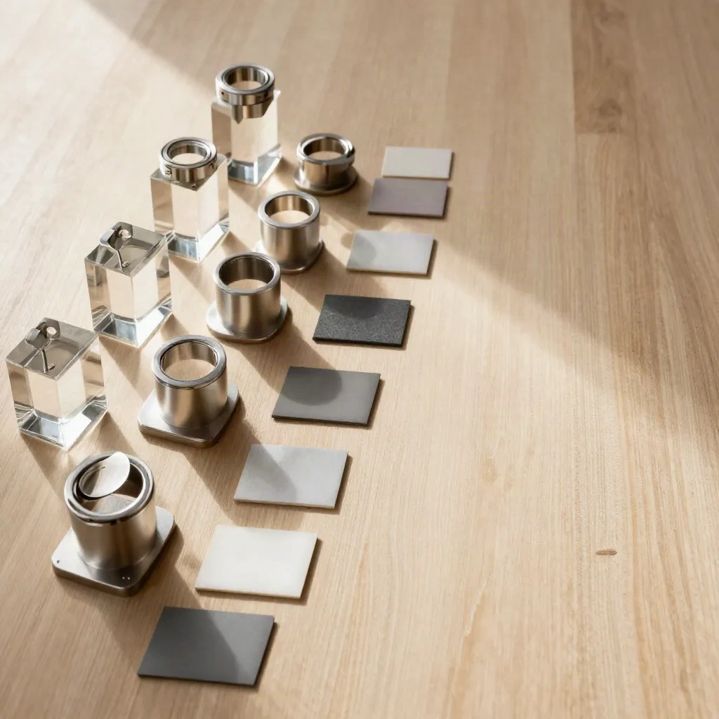 Still life dall’alto con blocchi acrilici, supporti in alluminio e campioni materiali su legno chiaro