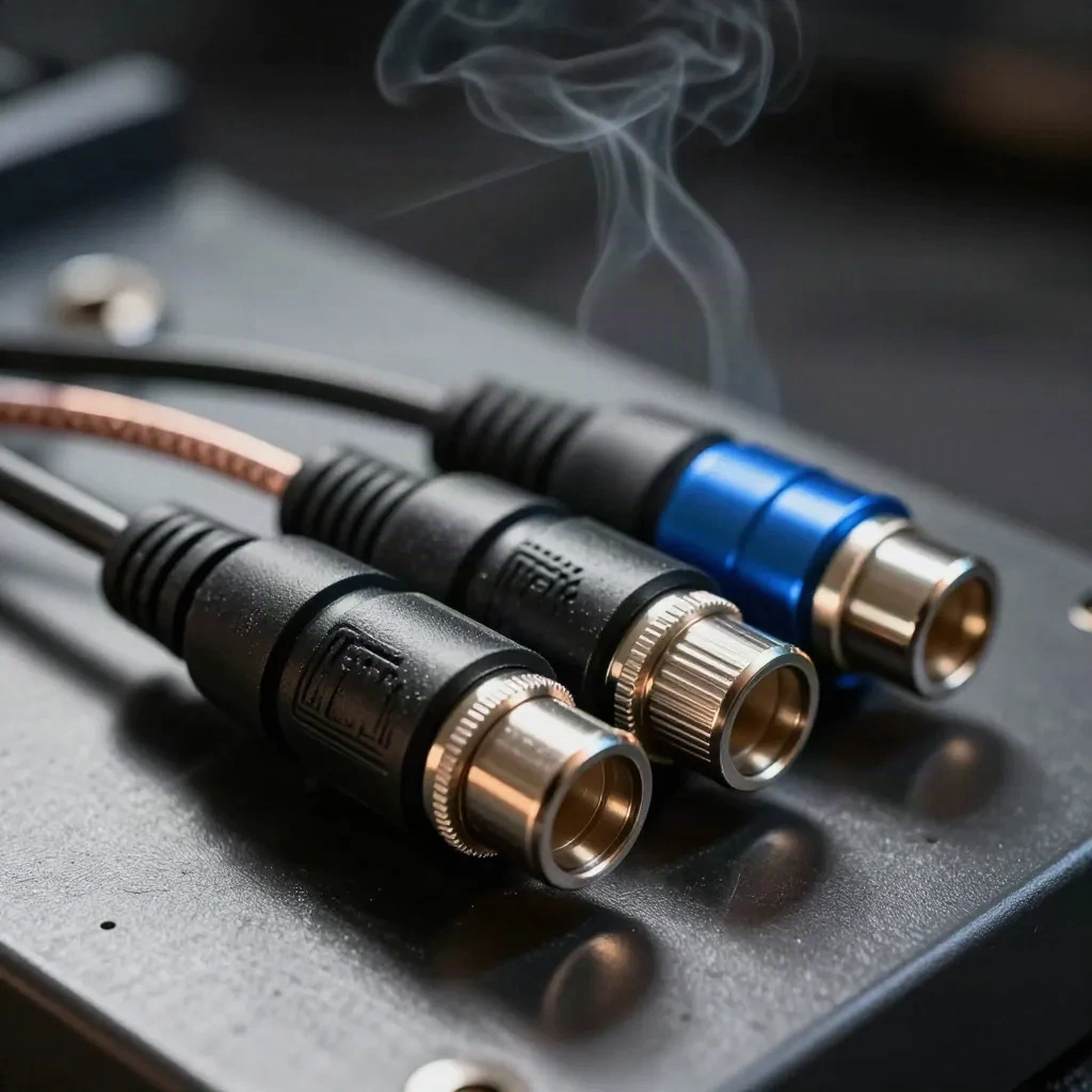 Connettori XLR e cavi audio su acciaio scuro, con lieve foschia di studio