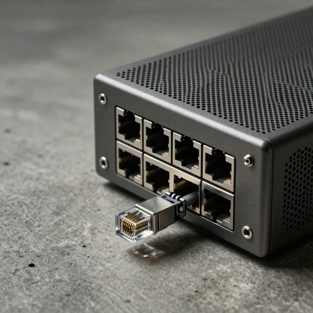 Set di rete mesh con connettori ethernet e distanziatori su cemento, luce drammatica