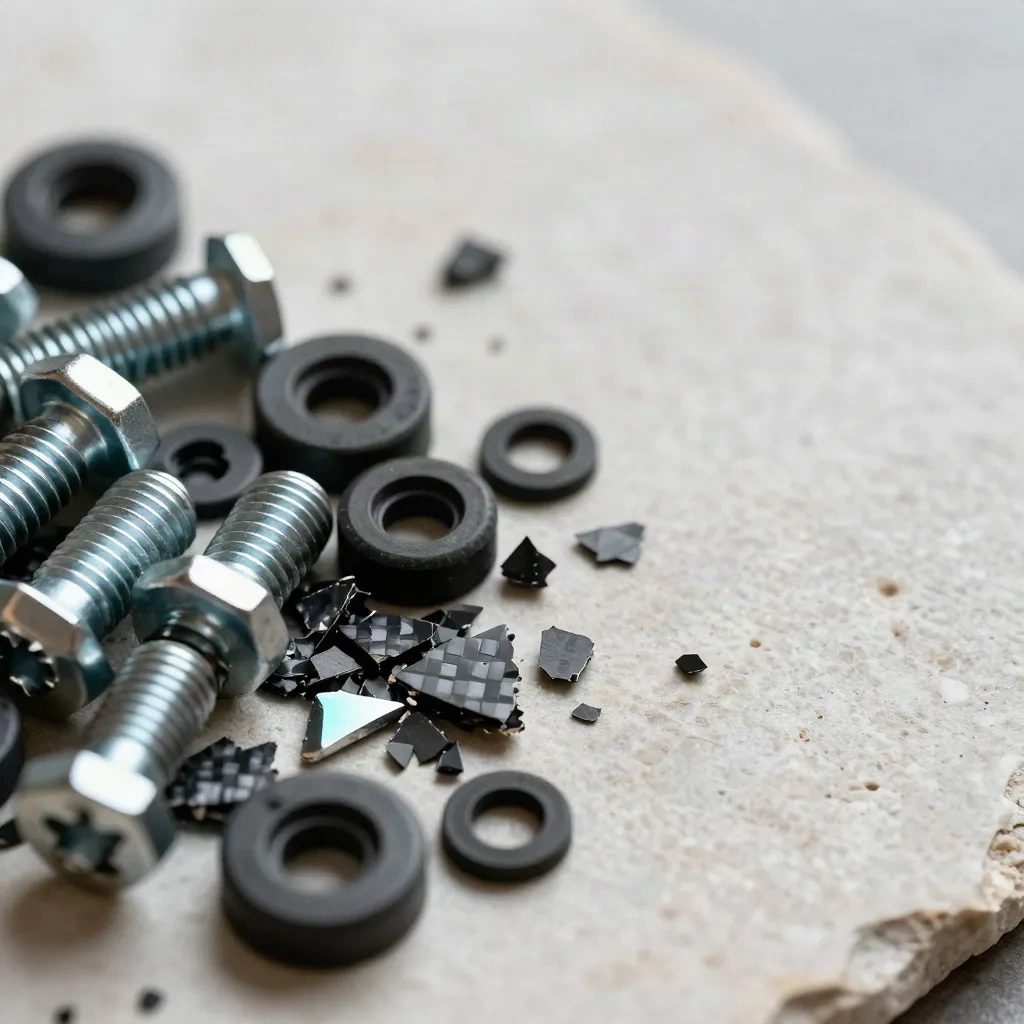 Fastener, rondelle nere, gommini e fibra composita in macro su ardesia chiara.