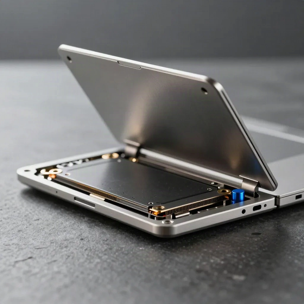 Cerniera di laptop in alluminio con SSD, rondelle e dissipatori su superficie grafite.