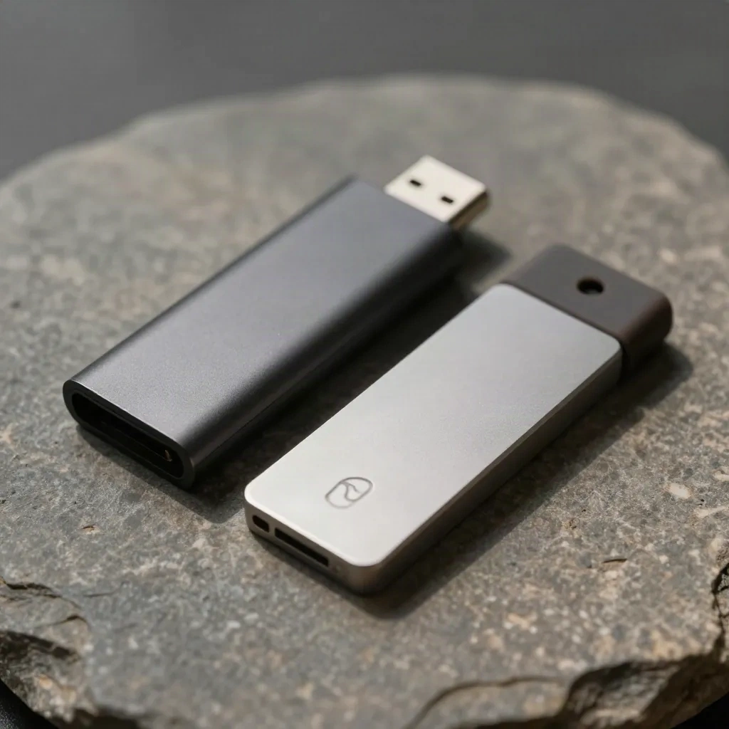 Due tag NFC, dongle USB-C e blocco in silicone su pietra, in macro dall’alto.