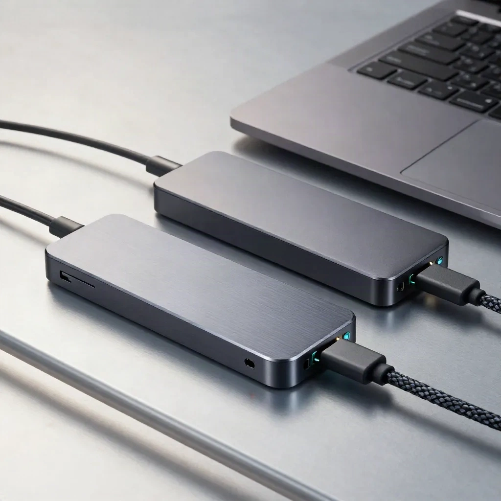 Dock compatto, SSD esterno e base di raffreddamento su alluminio, visti attraverso una barra sfocata.