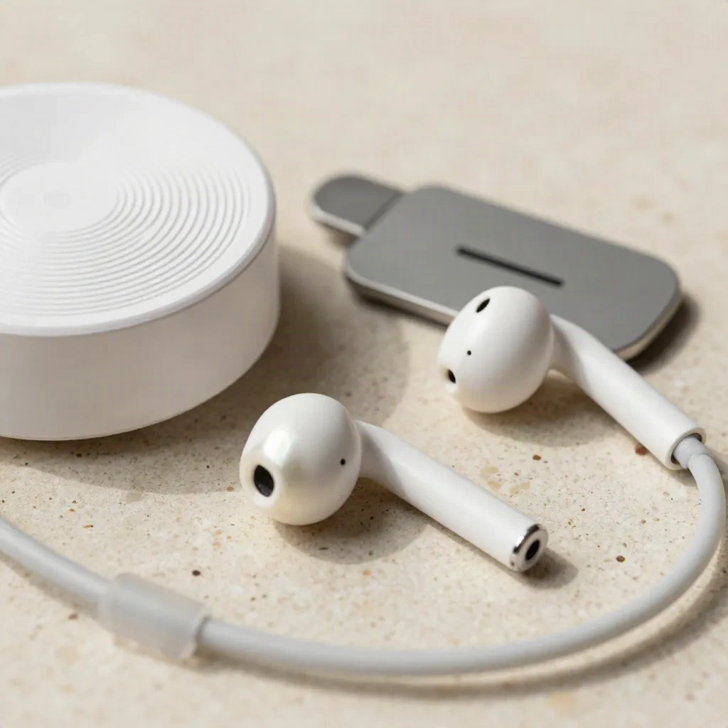 Kit per chi segue le app: puck di ricarica, auricolari, tag NFC e fermacavo su travertino chiaro.
