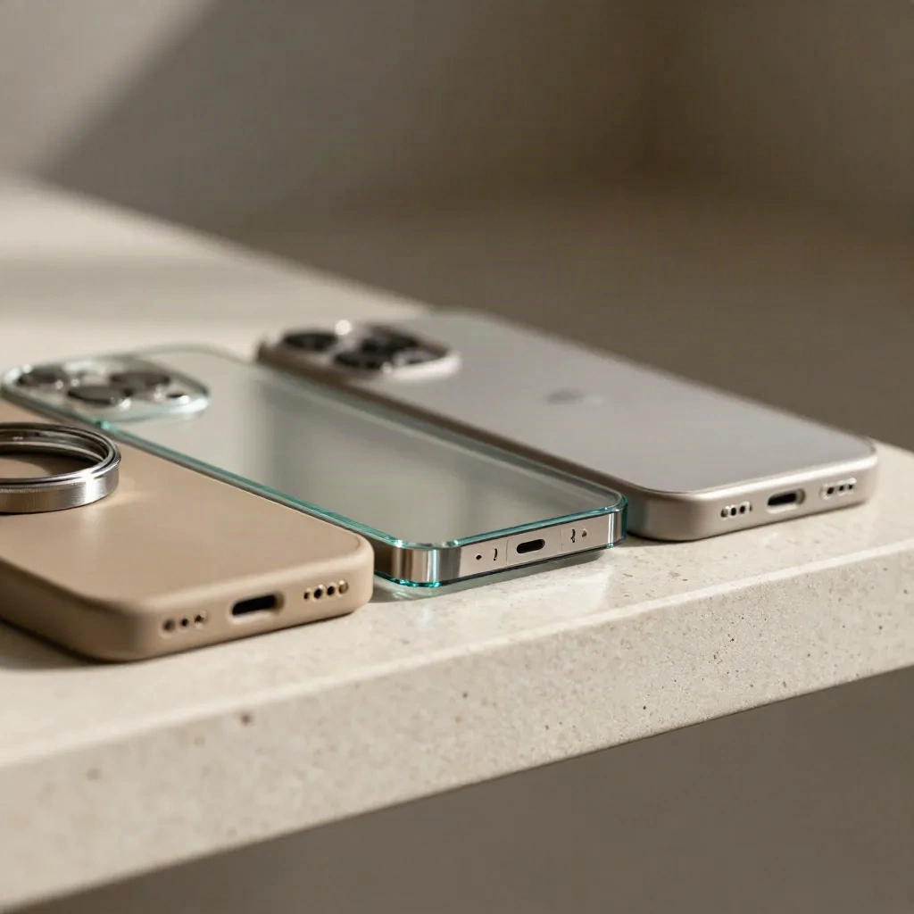 Campioni di vetro temperato, cover neutre e anello fotocamera su basalto chiaro