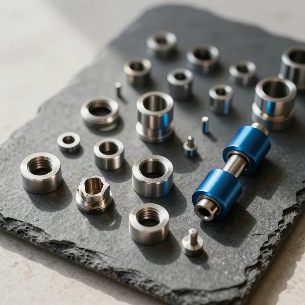 Composizione dall'alto di connettori modulari e anelli metallici su pietra grafite, con dettaglio cyan.